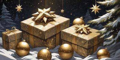 The primary subject of the image is a gold-wrapped Christmas gift. The setting is a snowy environment, with a nighttime sky visible in the background. The visual style is a digital art or illustration, creating a festive and warm atmosphere. The colors are predominantly gold and white, with the gold wrapping of the gift and the white snow creating a harmonious and cozy scene.